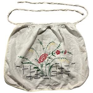Vintage 1950 Half Apron White Cotton Hand Embroidered Floral Garden Apron Roses